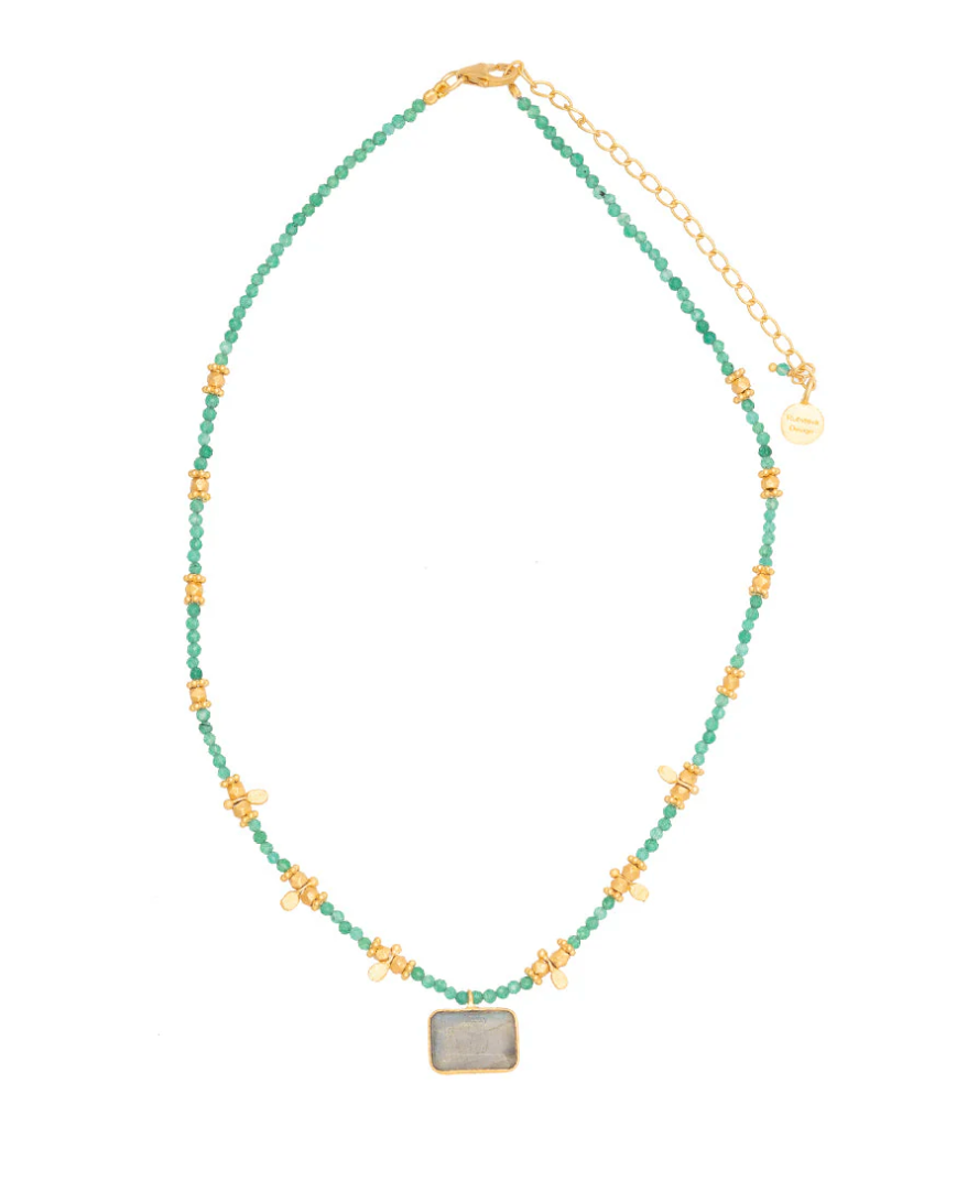 a 22 karat yellow gold plated necklace on sterling silver with green aventurine beads and a labradorite pendant by ruby teva