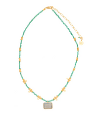 a 22 karat yellow gold plated necklace on sterling silver with green aventurine beads and a labradorite pendant by ruby teva