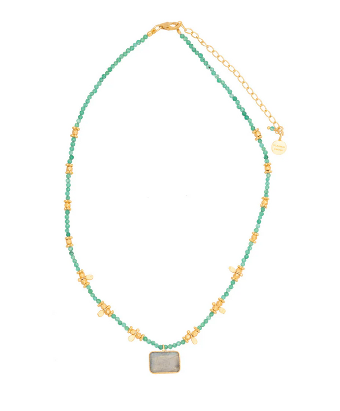 a 22 karat yellow gold plated necklace on sterling silver with green aventurine beads and a labradorite pendant by ruby teva