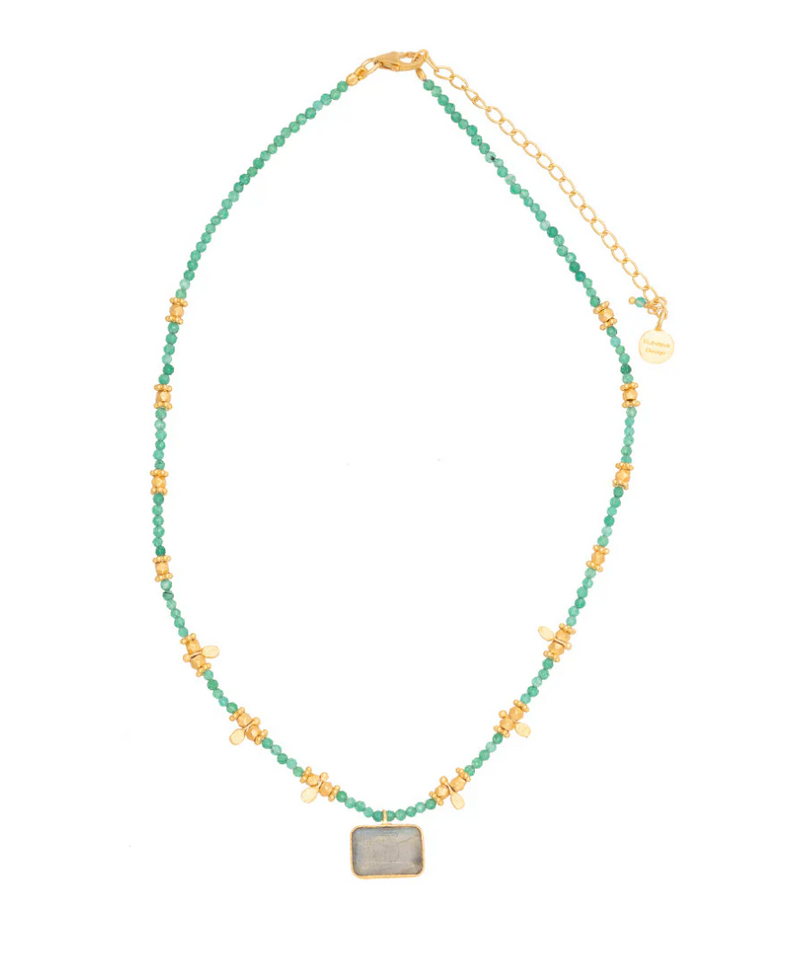 a 22 karat yellow gold plated necklace on sterling silver with green aventurine beads and a labradorite pendant by ruby teva
