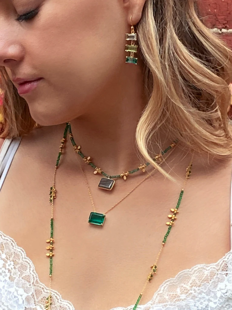 a 22 karat yellow gold plated necklace on sterling silver with green aventurine beads and a labradorite pendant by ruby teva