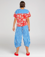 guru pants by boom shankar in a cotton blue and white geo print