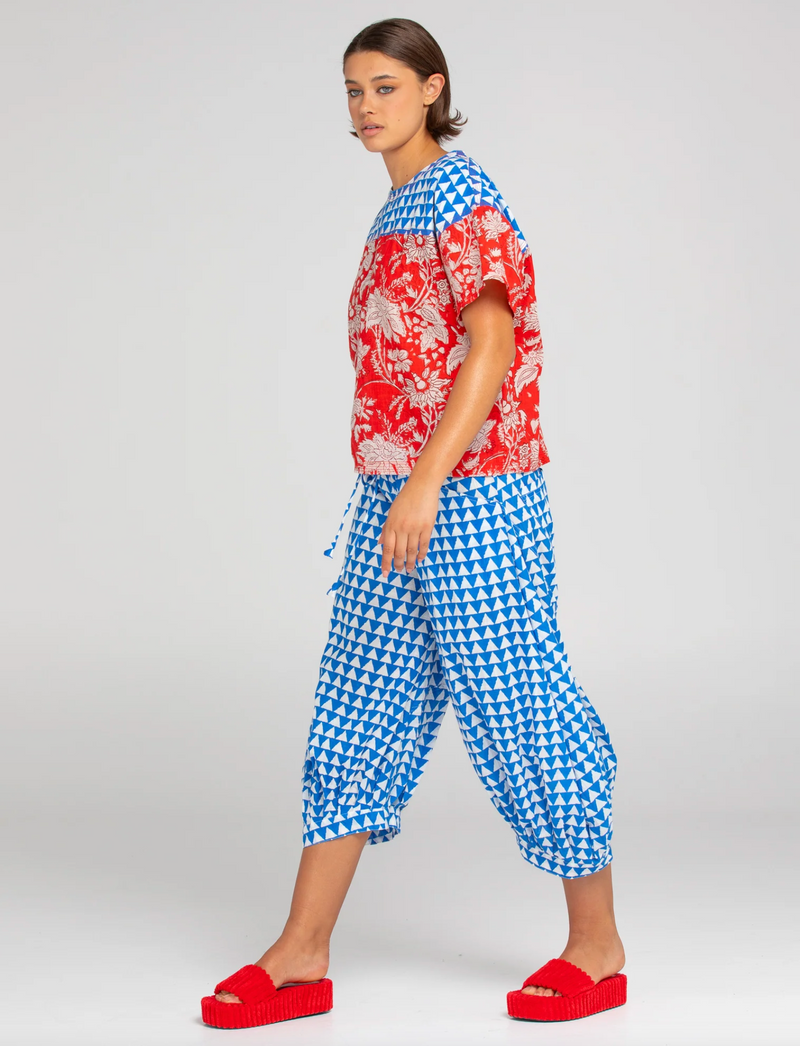 guru pants by boom shankar in a cotton blue and white geo print