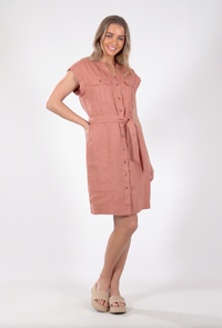 a linen shirt dress by foxwood in clay