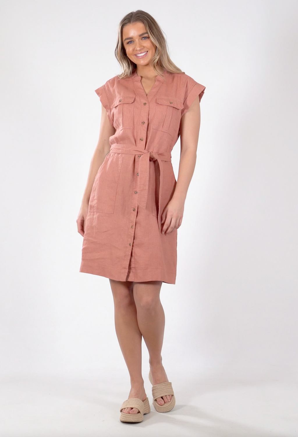 a linen shirt dress by foxwood in clay