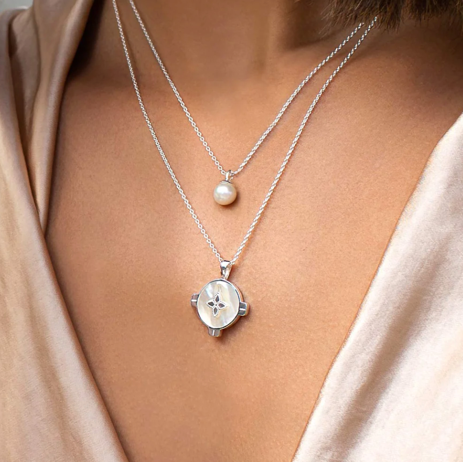 harmony necklace by murkani is a sterling silver chain with mother of pearl inlay pendant