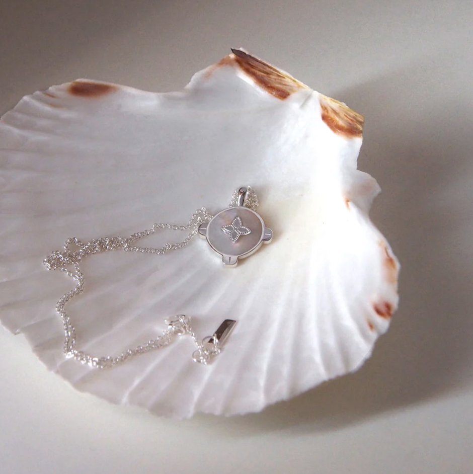 harmony necklace by murkani is a sterling silver chain with mother of pearl inlay pendant