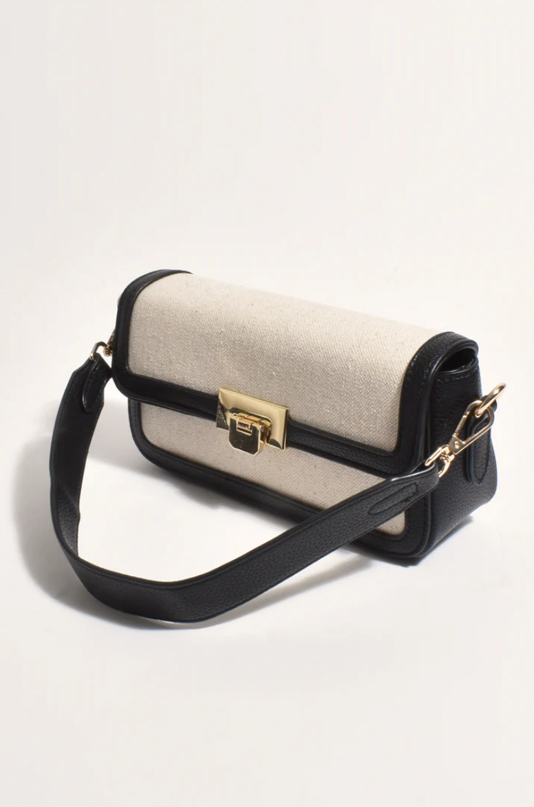 the hattie fabric weave crossbody bag by adorne in black and cream