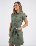 the heidi dress by foxwood a khaki stretch denim button up shirt dress with pockets for casual dressing