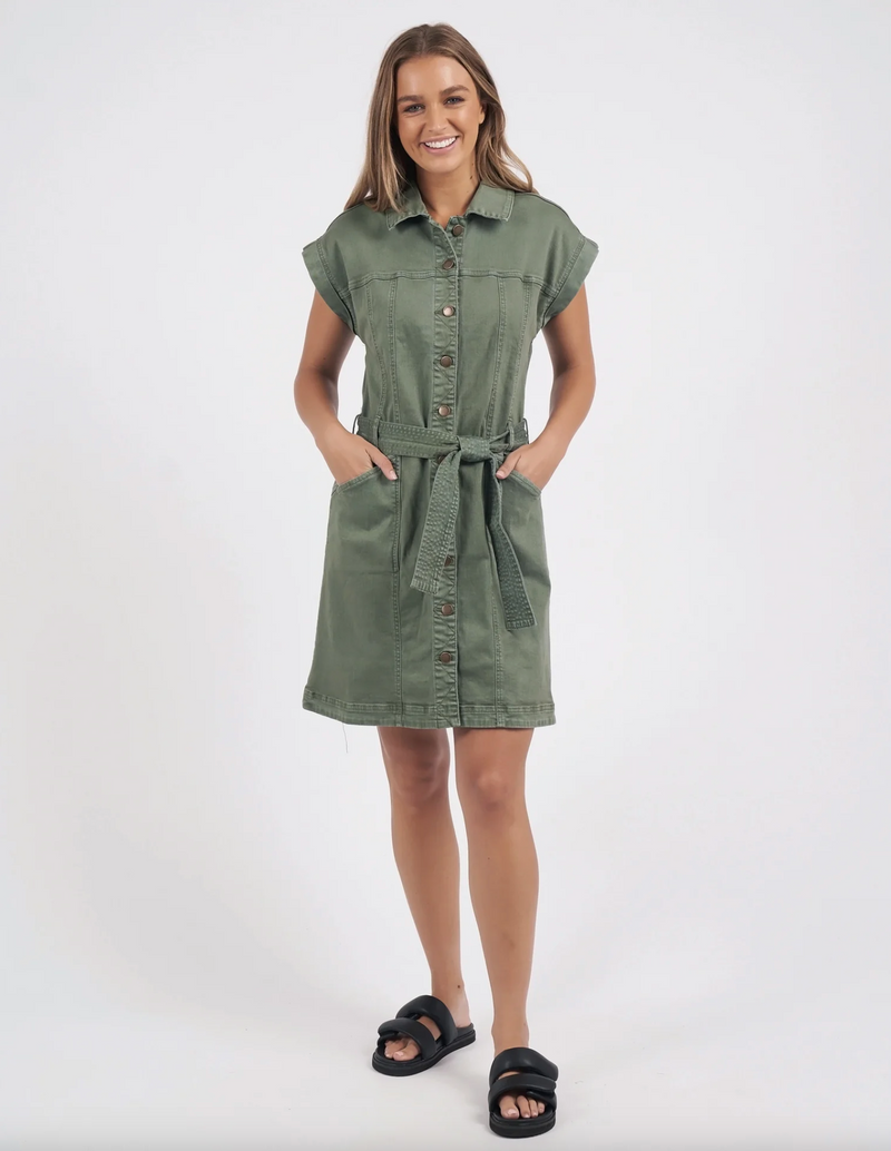 the heidi dress by foxwood a khaki stretch denim button up shirt dress with pockets for casual dressing