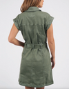 the heidi dress by foxwood a khaki stretch denim button up shirt dress with pockets for casual dressing