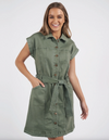 the heidi dress by foxwood a khaki stretch denim button up shirt dress with pockets for casual dressing