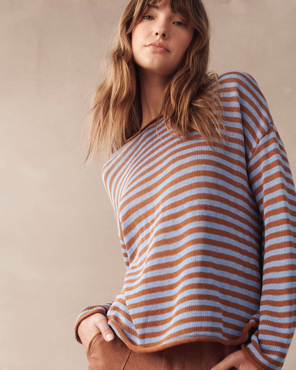 the isa stripe by little lies is a soft linen blend knitted long sleeve top