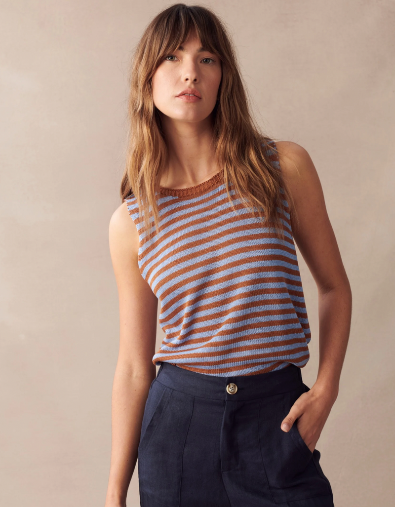 the isa stripe tank is a soft textured linen blend knit sleeveless top by little lies