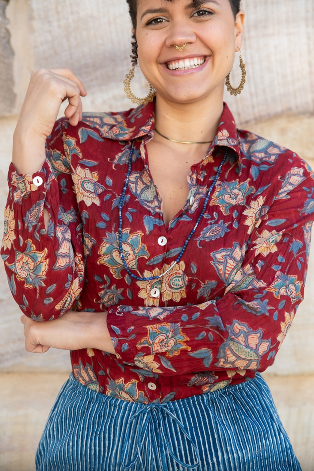 a modern boho cotton floral block print shirt