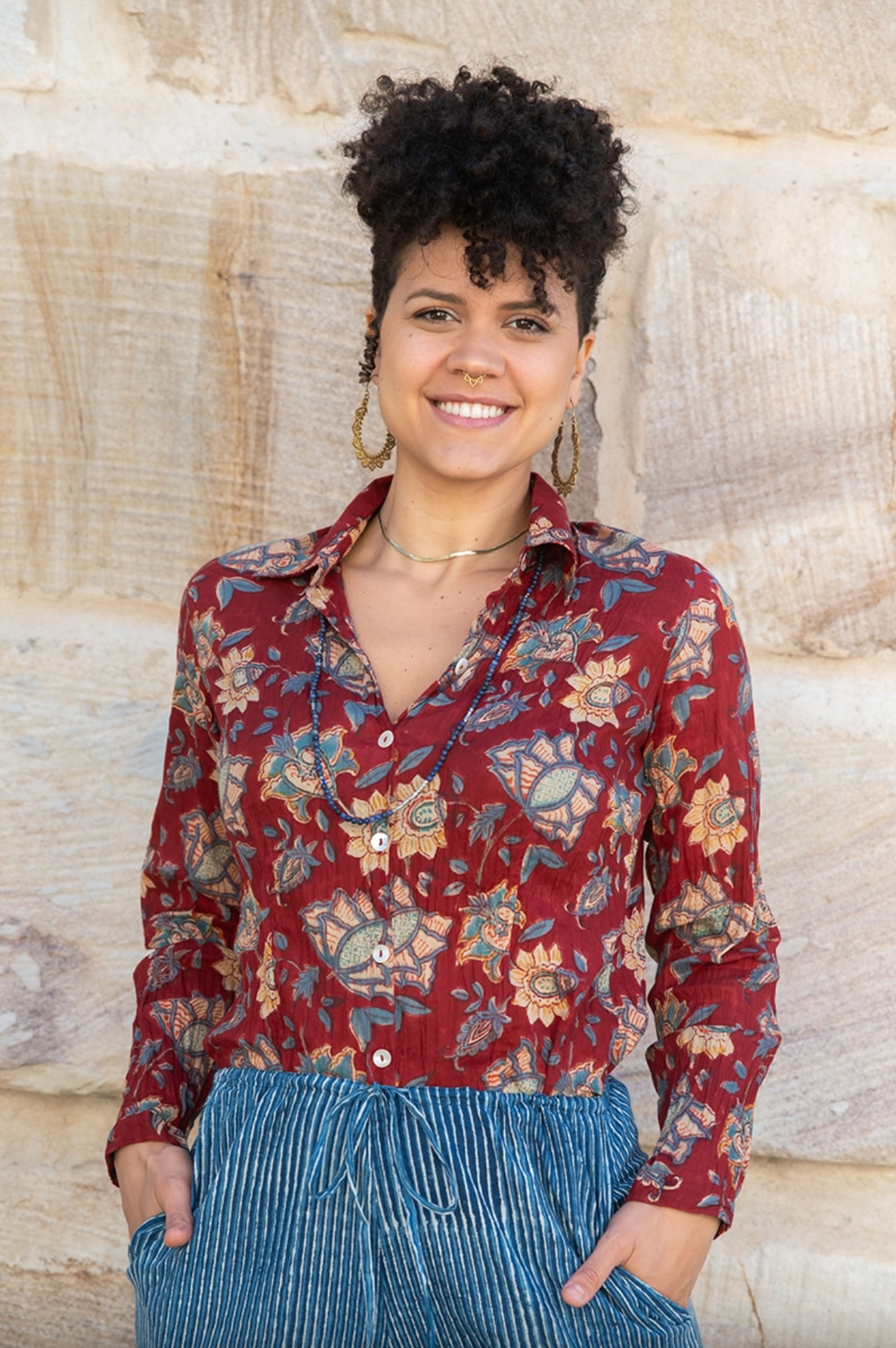 the jewel blouse by soul song is a button up floral block print shirt