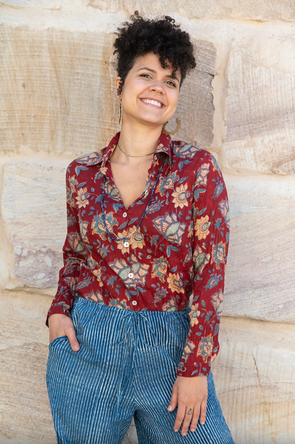 the jewel blouse by soul song is a button up floral block print shirt