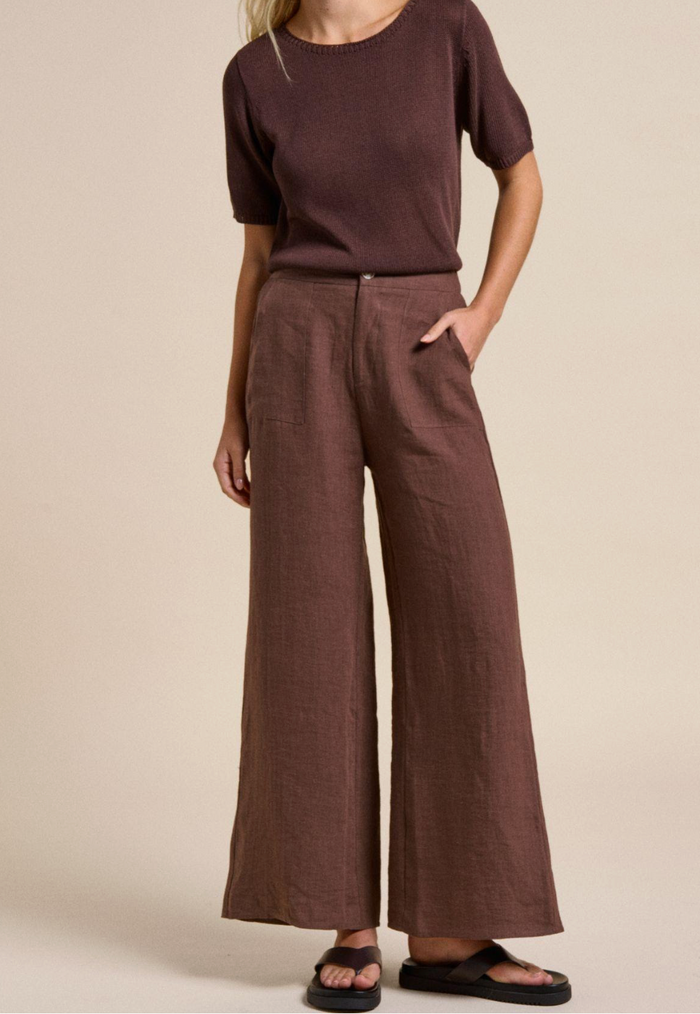 little lies jude linen wide leg pants in chocolate brown