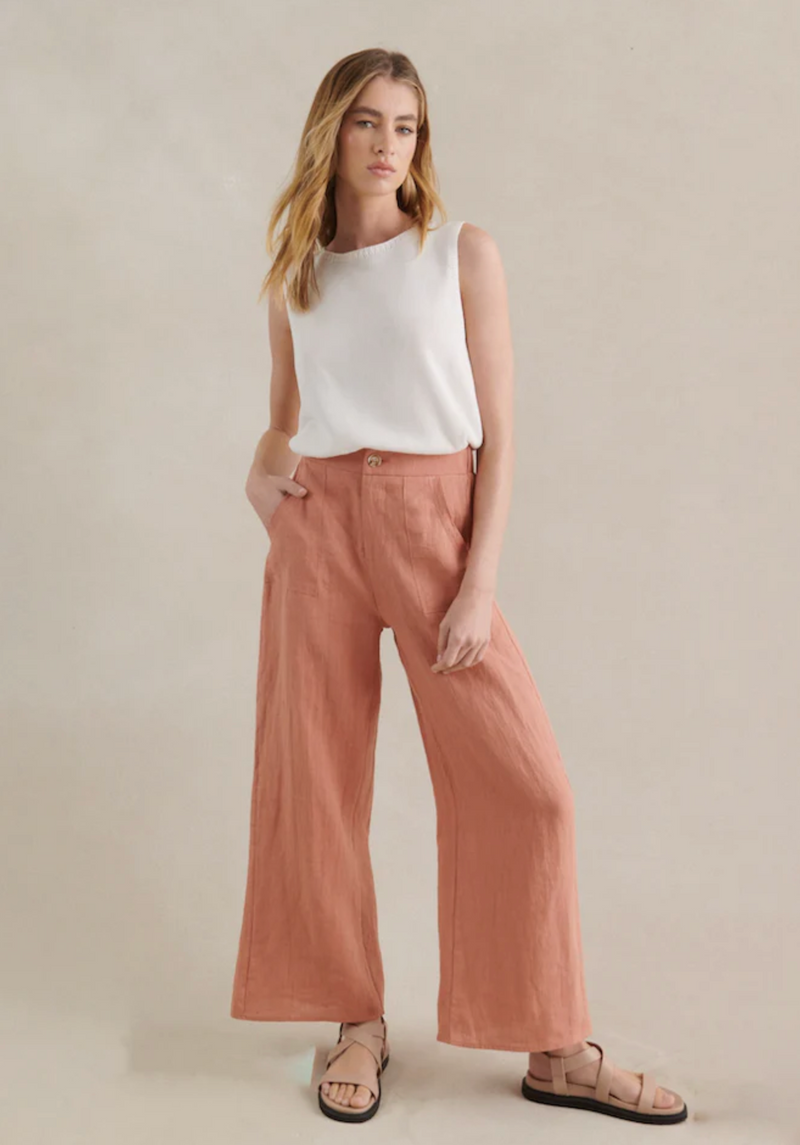 Jude linen pants by little lies are a peach wide leg fitted waist pant