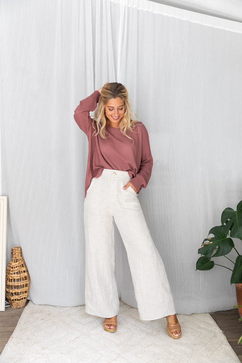 jude linen pants by little lies are a wide leg flattering natural pant with side pockets