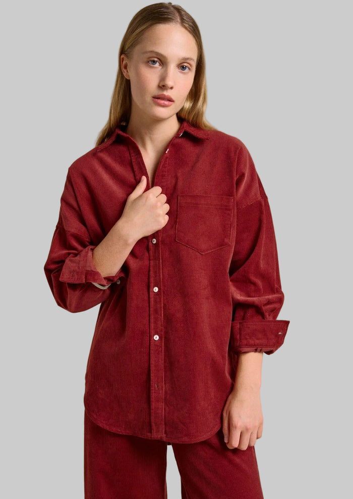 Khatie cord shirt by ittle lies is a cotton corduroy long sleeve collared button up shirt in cherrry
