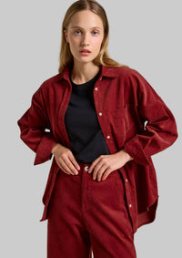 Khatie cord shirt by ittle lies is a cotton corduroy long sleeve collared button up shirt in cherrry