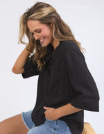 the leah shirt by foxwood is a linen blend flowing elegant black button up shirt