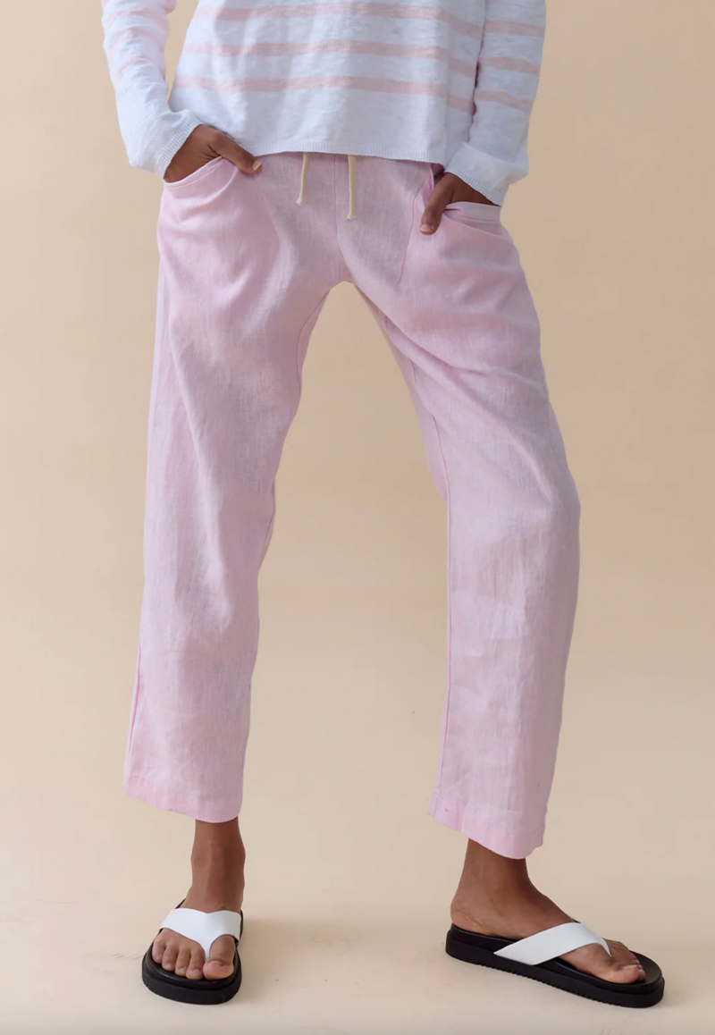 linen luxe pants by little lies in soft pastel pink with pockets and elastic waist