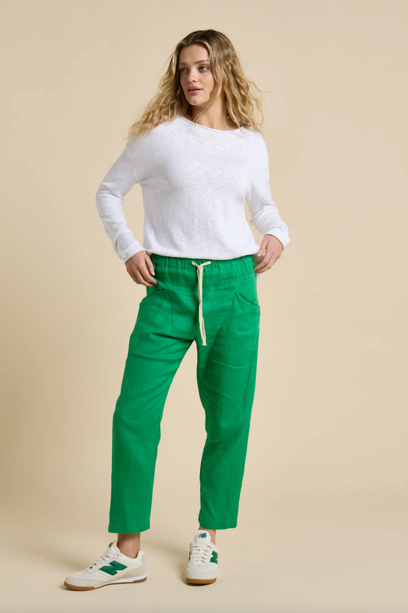 bright green linen luxe pants by little lies with elastic waist and front pockets