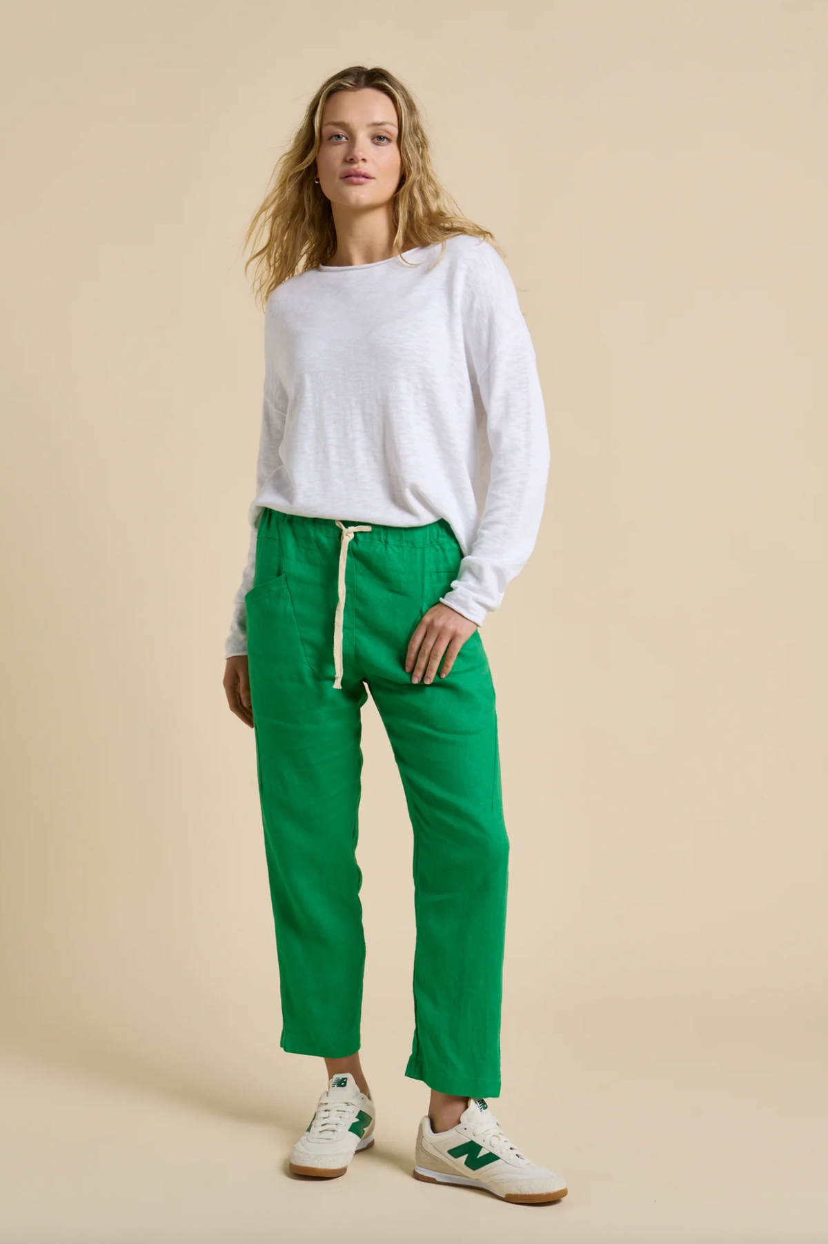linen luxe pants in green by little lies