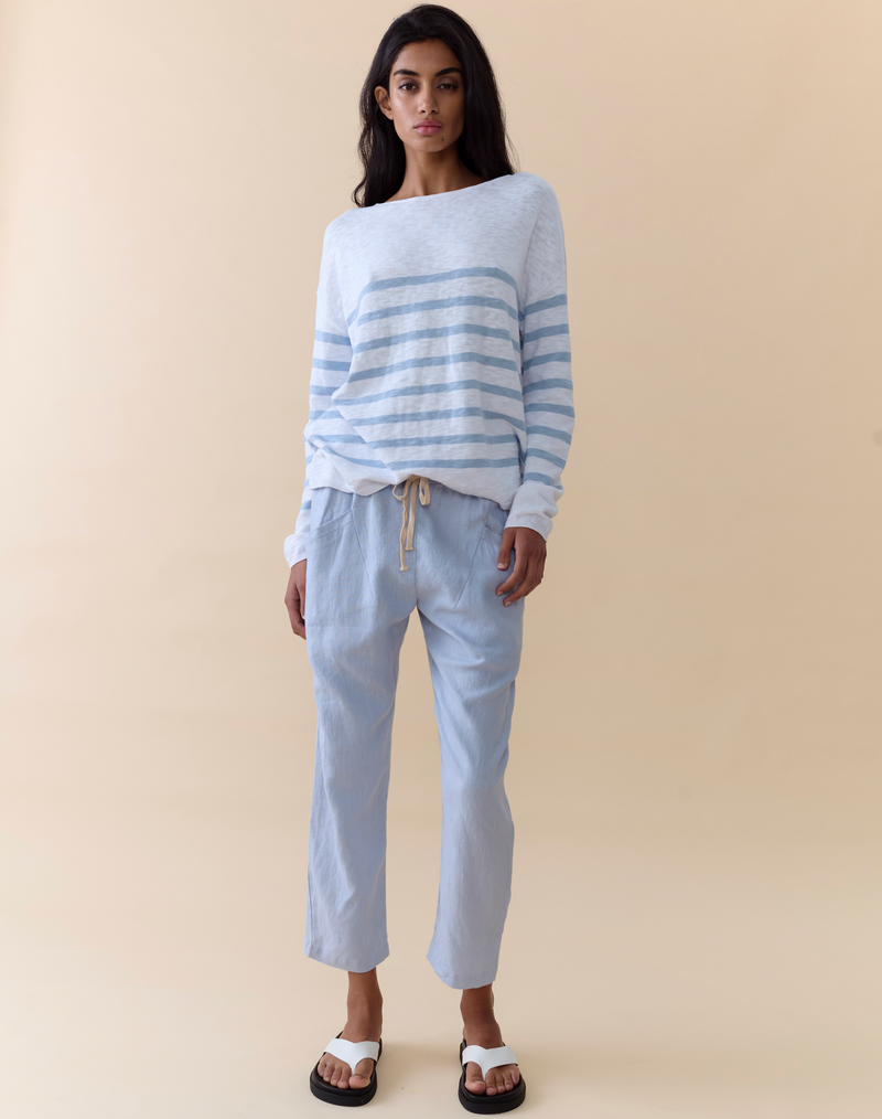 linen luxe pants by little lies in pale opastel blue