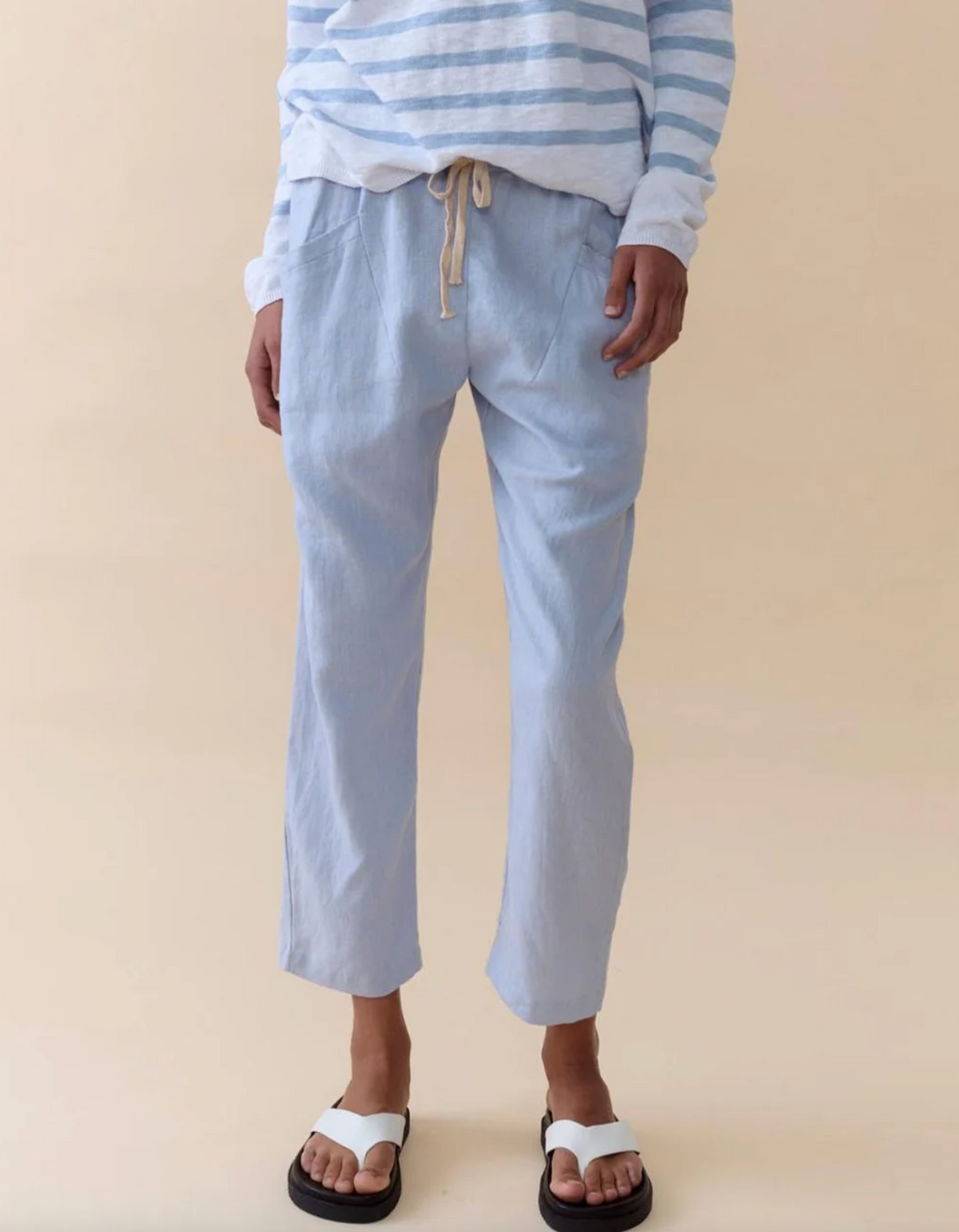 linen luxe pants by little lies in pale opastel blue