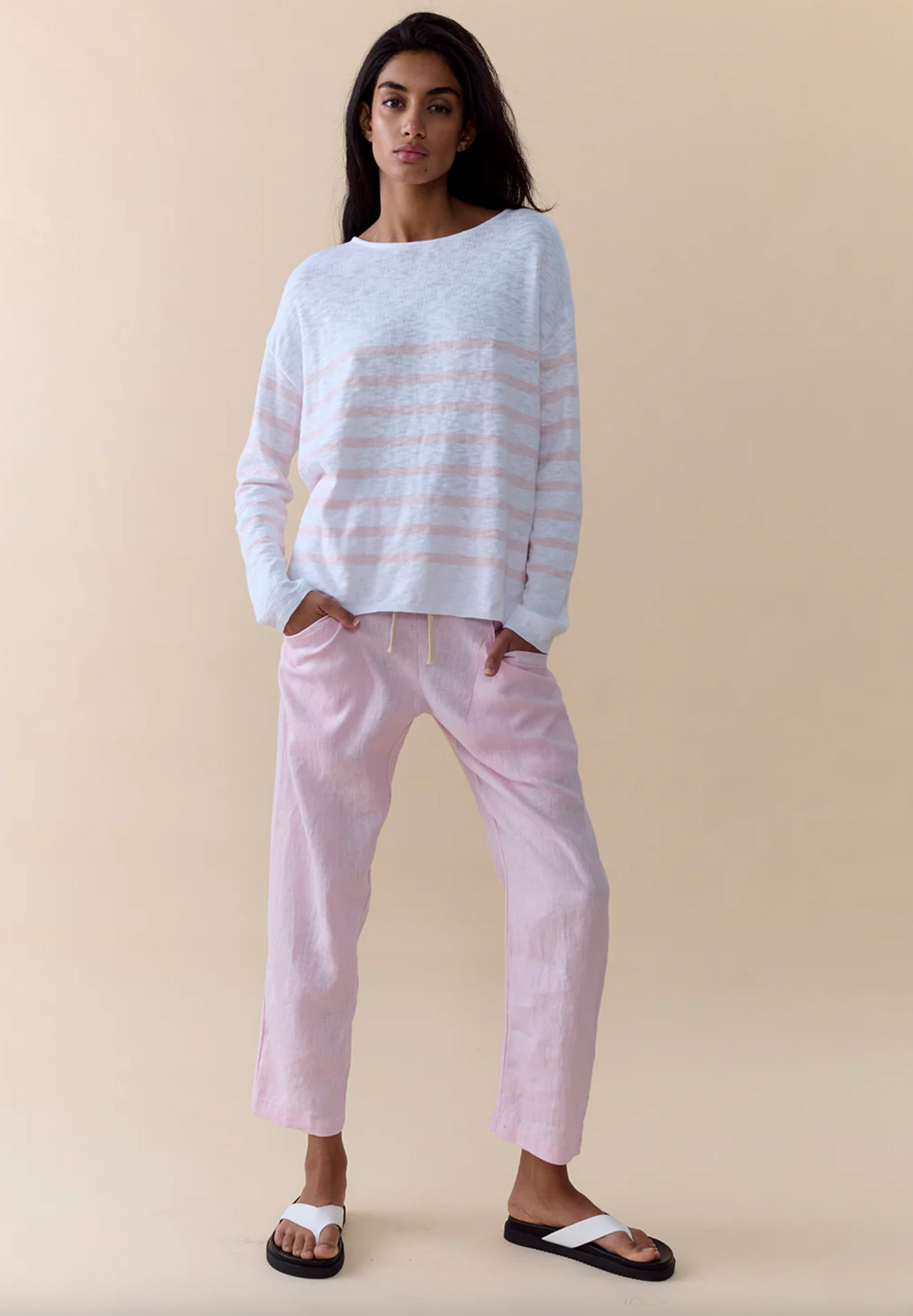 summer tee by little lies is a lightweight linen blend knitted top in pink