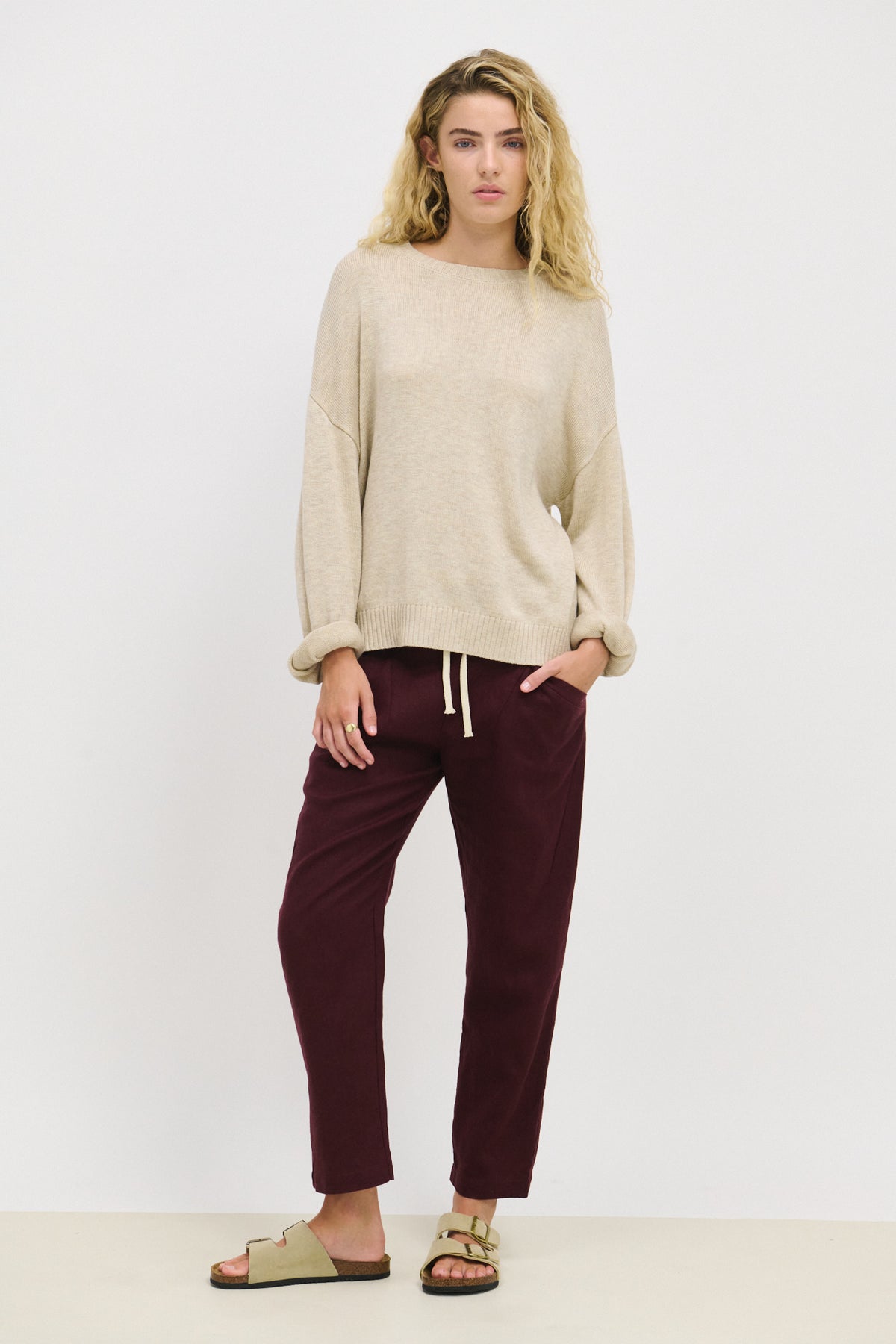 linen luxe pants by little lies in port marron tone