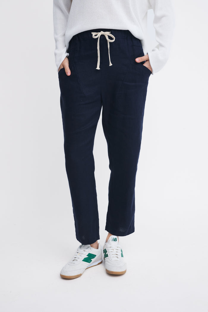 high quality navy blue linen trousers by little lies