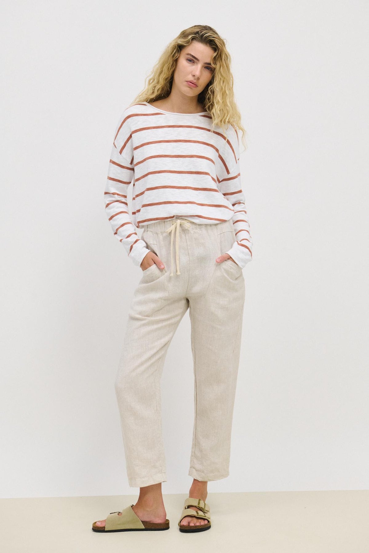 cheap linen elastic waist pants in natural by little lies