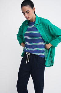 little Lies line luxe pants in navy blue with stripe spring tank