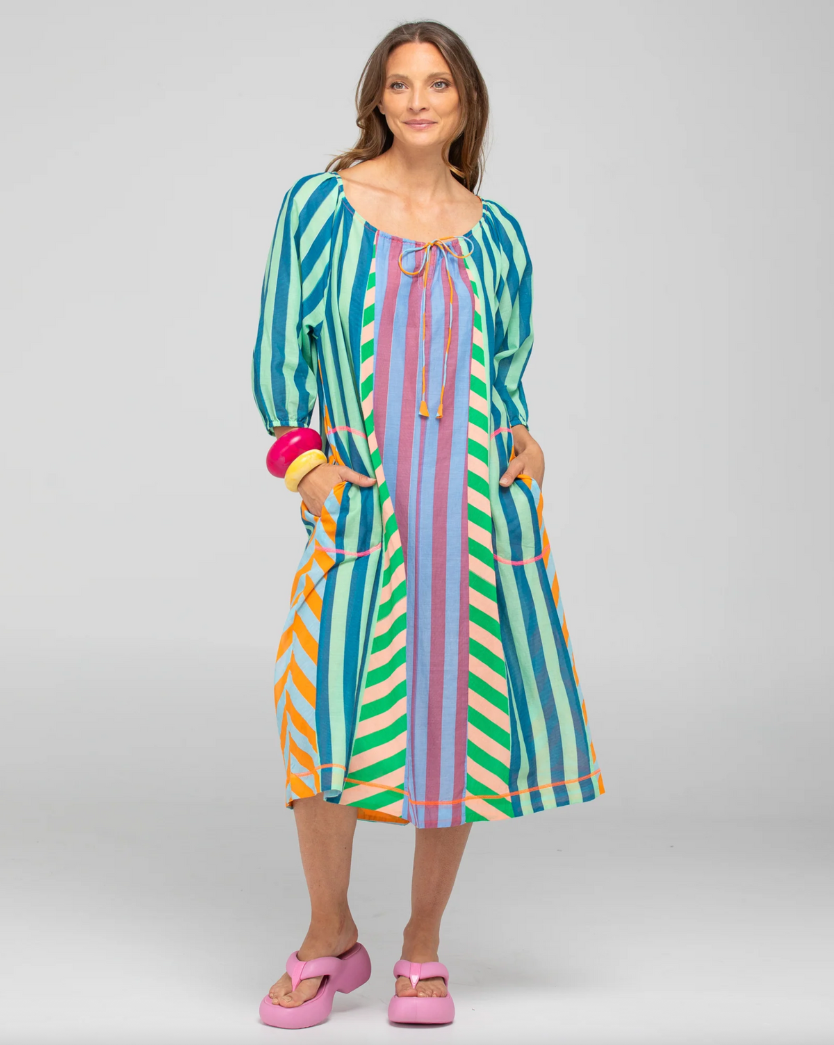 The Lucia midi dress by Boom Shankar is a cotton stripe A-line dress with pockets