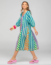 The Lucia midi dress by Boom Shankar is a cotton stripe A-line dress with pockets