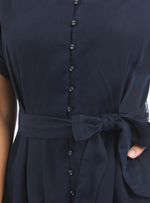 lucia dress by foxwood is a classic black linen dress belted at the waist and midi length