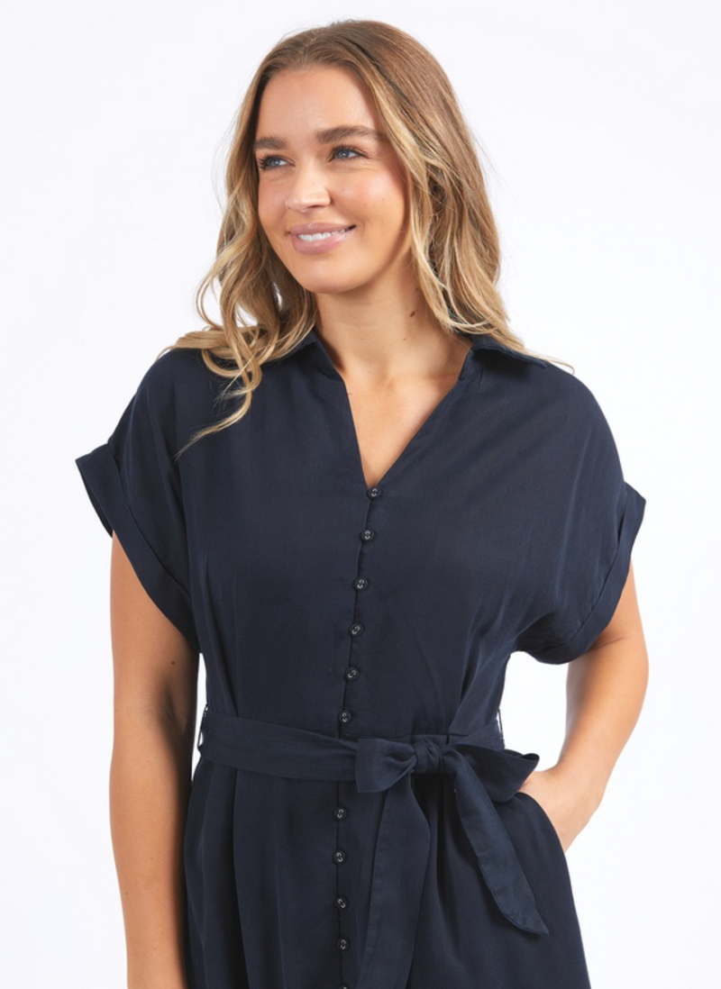 lucia dress by foxwood is a classic black linen dress belted at the waist and midi length