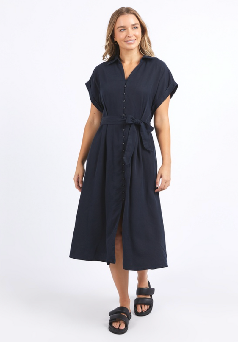 lucia dress by foxwood is a classic black linen dress belted at the waist and midi length