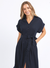 lucia dress by foxwood is a classic black linen dress belted at the waist and midi length