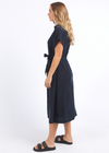 lucia dress by foxwood is a classic black linen dress belted at the waist and midi length