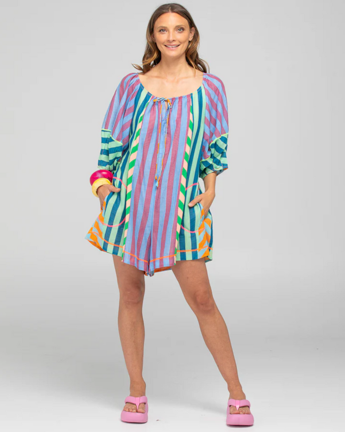 The Lucia short playsuit by Boom Shankar is a cotton stripe all one jumpsuit