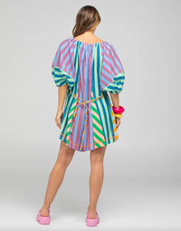 The Lucia short playsuit by Boom Shankar is a cotton stripe all one jumpsuit with self fabric belt