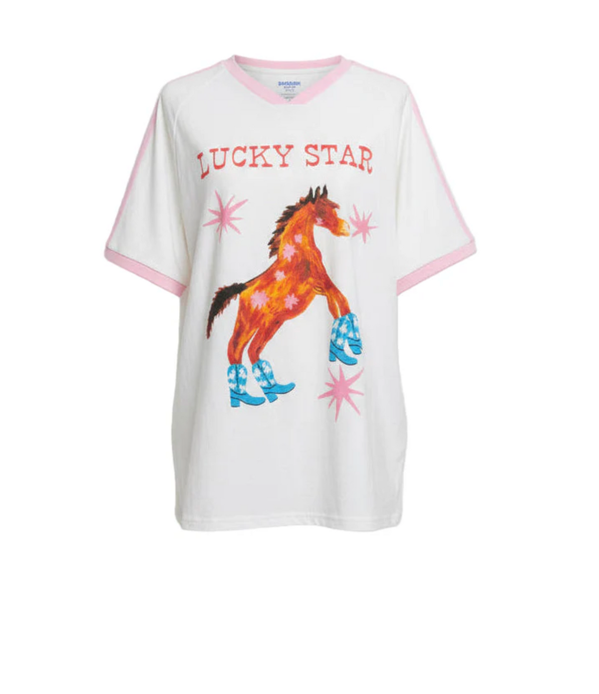 Lucky star tee by frankie is a white tee with a horse wearing cowboy boots and pink contrast stripes