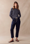 linen luxe pants by little lies are pull on elastic waist navy pants