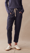 linen luxe pants by little lies are pull on elastic waist navy pants