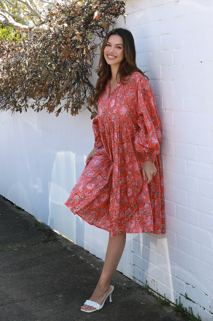 a cotton block print floral boho dress by Peacock feather above the knee